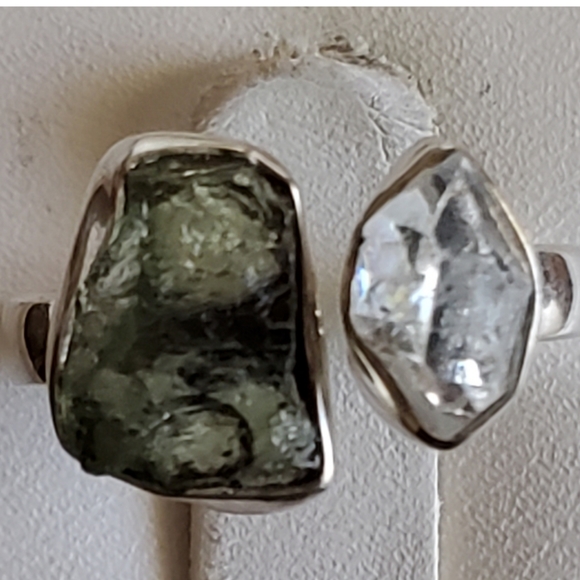 Jewelry - Genuine Czech Moldavite and Herkimer Diamond Ring Size 6 Adjustable